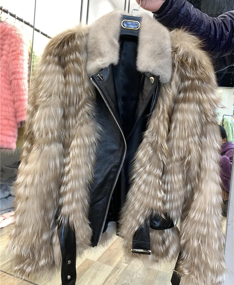 

Winter Real Raccoon Dog Fur Coat For Women warm thickening mink fur collar natural raccoon fur Motorcycle jacket sheepskin