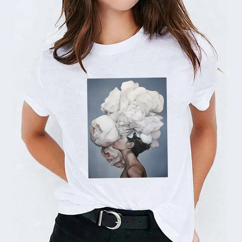 

T-shirts Women Fashion Flower Feather Painting Lady Womens Tops Graphic T-Shirt Aesthetic Tees Print Female Camisas T Shirt