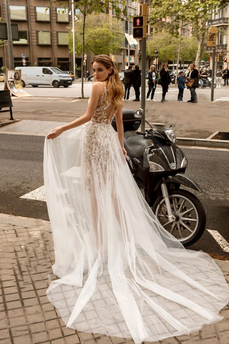 

Hi Shy Bridal New simple wedding dress backless sleeveless design chiffon lace bride dresses princess dress plus size 2021