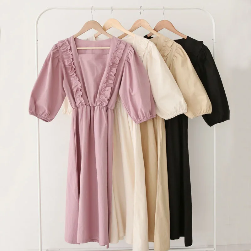 

2021 Sqaure Neck Party Dresses Fashion French Bubble Sleeve Summer Dress for Women Solid Cotton Sweet Women Dress Vestidos 13959