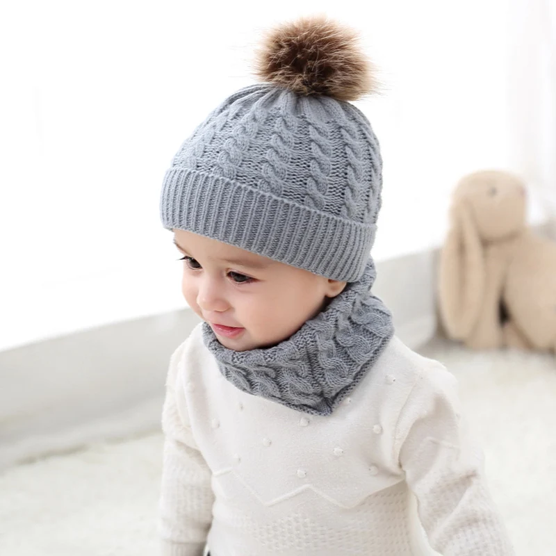 

2Pcs/Set Baby Boys Girls Hat Scarf Winter Fur Ball Knitted Warm Newborn Beanie Protect Ear Cap Kids O Ring Scarves Caps Bonnet