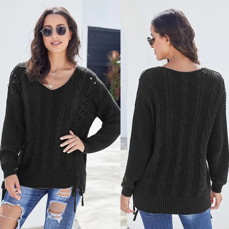 Женский трикотажный пуловер с V-образным вырезом длинным рукавом | Женская одежда