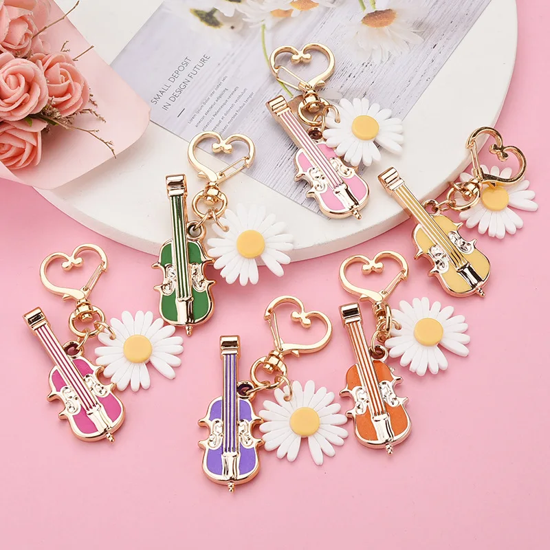 

New Fashion Violin Flower Keychain Acrylic Small Daisy Lovely Bag Pendant Key Chain Ladies Bag Car Accessories Keyring Gift