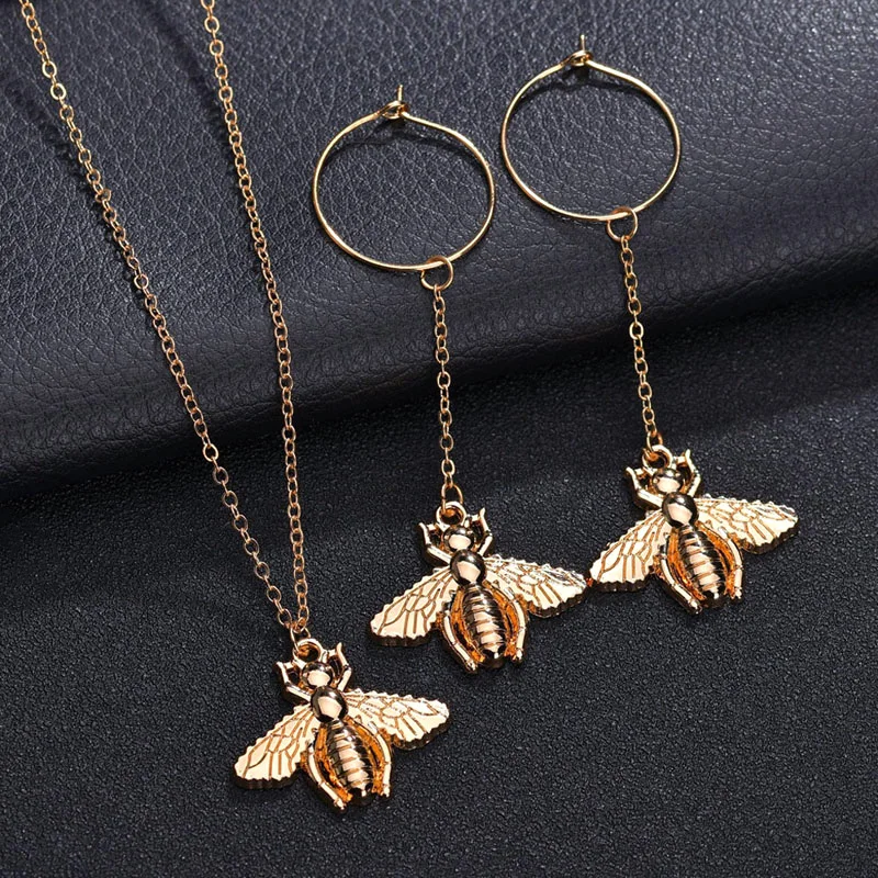 Hot Sale Gold Bee Necklace Earring Animal Jewelry Sets Cartoon Cute Jewellery Set For Girls Christmas Party Dree | Украшения и