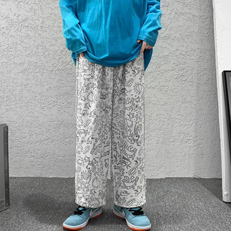 

Hzirip 2021 New Autumn Men's Black Long Pants Print Casual Pants Loose Japanese Trousers Elastic Waist Full Length Vintage