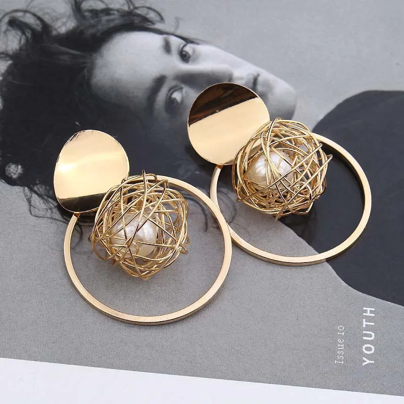 

Minar Korean Hollow Twisted Ball Pendant Earrings for Women Gold Color Metal Round Circle Pearl Drop Dangle Earrings Brincos