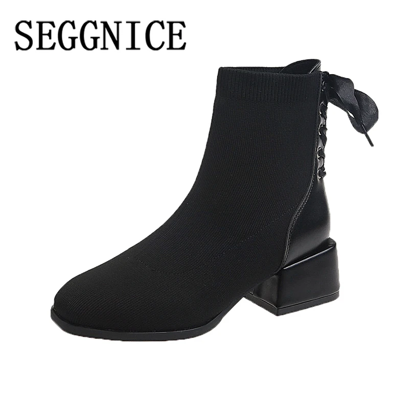 2019 г. женские сапоги носки вязаные эластичные ботильоны на квадратном каблуке