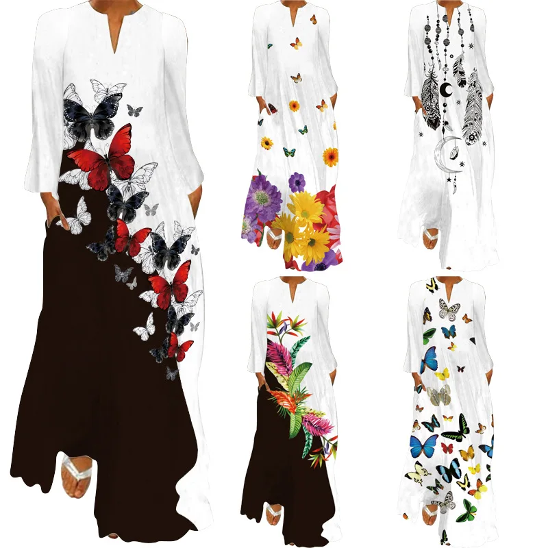 

Fashion Summer Dress 2021 for New A-line V-neck Ankle-length Dress Bohemian Printing Loose Casual Swing Dress