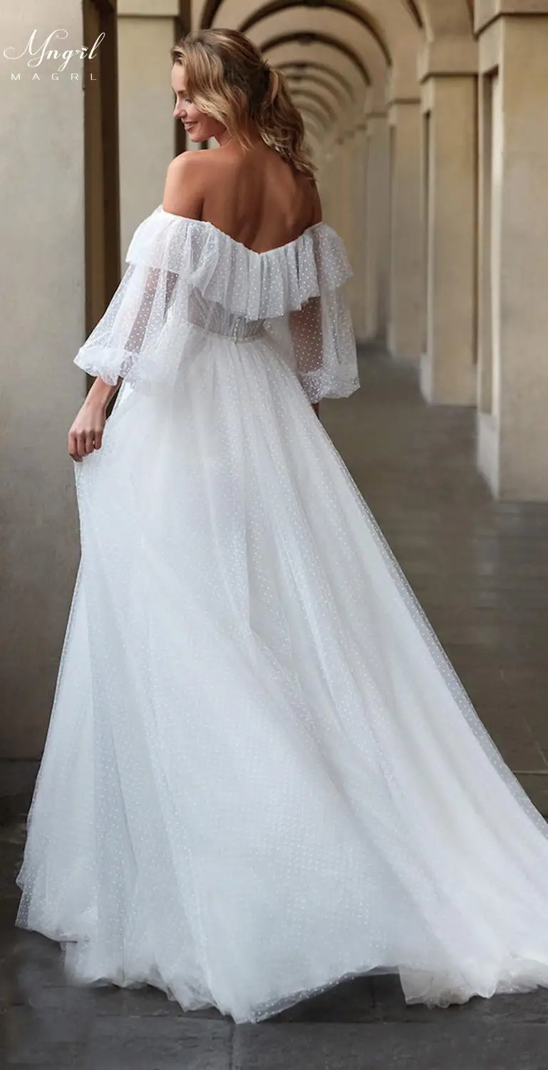 

MNGRL Simple Retro One-shoulder Wedding Dress White Lace Fluffy Skirt Wedding Gown Long Sleeve Ruffle Bridal Dresses