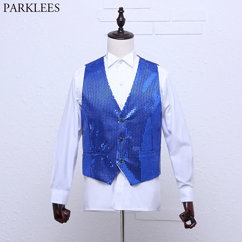 

Royal Blue Sequin Glitter Embellished Waistcoat Men Wedding Groom Slim Fit Paillette Vests Mens Club Dance Stage Prom Costumes