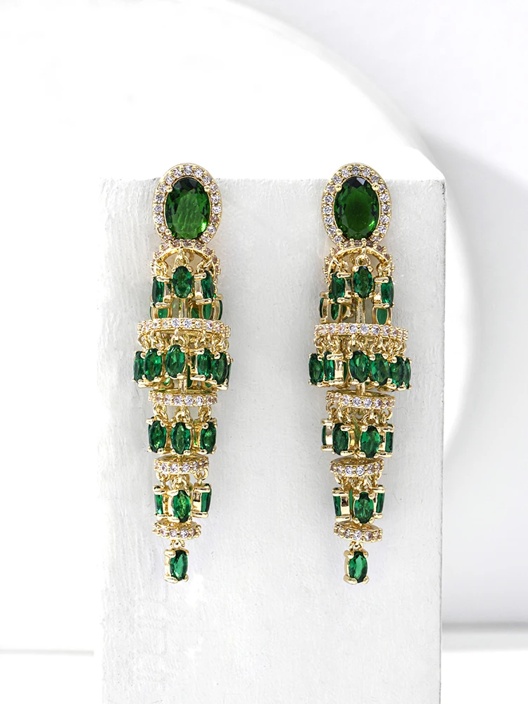 

Shuaili Luxury Woman Long Hanging Earrings With Big Sapphire Zircon Inverted Tower Crystal 925 Silver Jewlery For Party