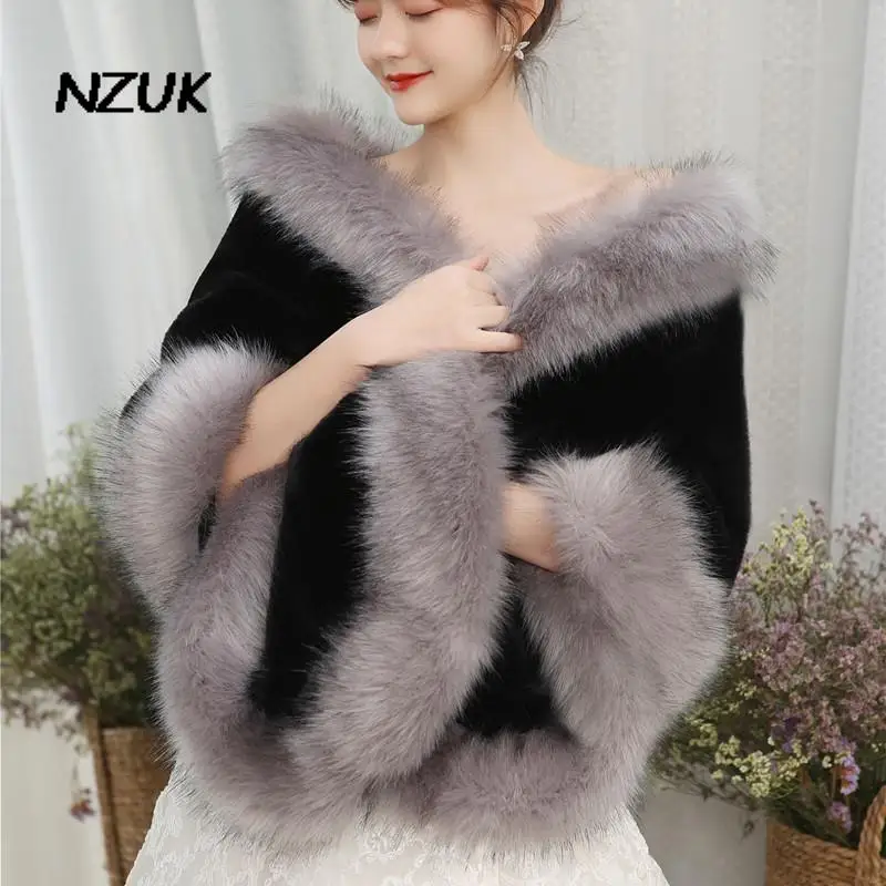 

NZUK Winter Bridal Bolero Women Jacket For Evening Party Stola Donna Grey Black Red Faux Fur Cloak Wedding Cape