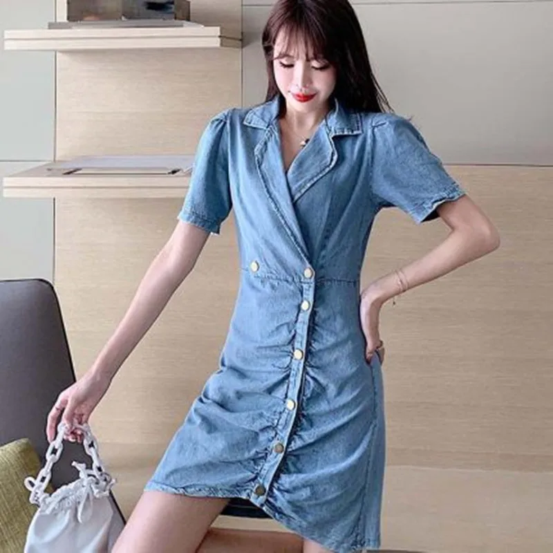 

New Summer Style Women Dresses Turn-Down Collar Solid Retro Collect Waist Slim Puff Sleeve Jeans Dress For Females Denim Dresses