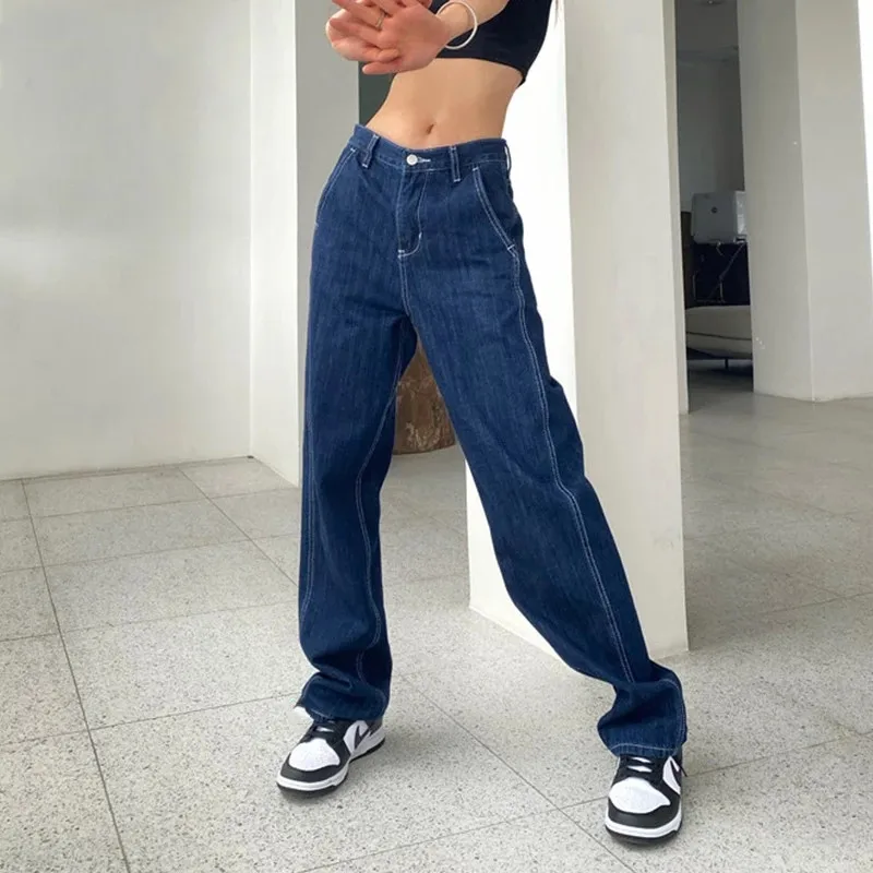

Классические джинсы 90-х, женские синие прямые джинсовые брюки, повседневные мешковатые брюки для мам, модные джинсы, свободные брюки с широк...