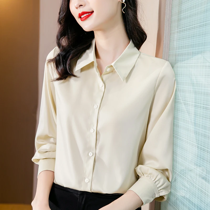 

2021 Fashion Women's Shirt Chiffon Solid Blouses Long Sleeve Ladies Tops White Polo Neck Button Up Basic Shirt OL Woman Clothing