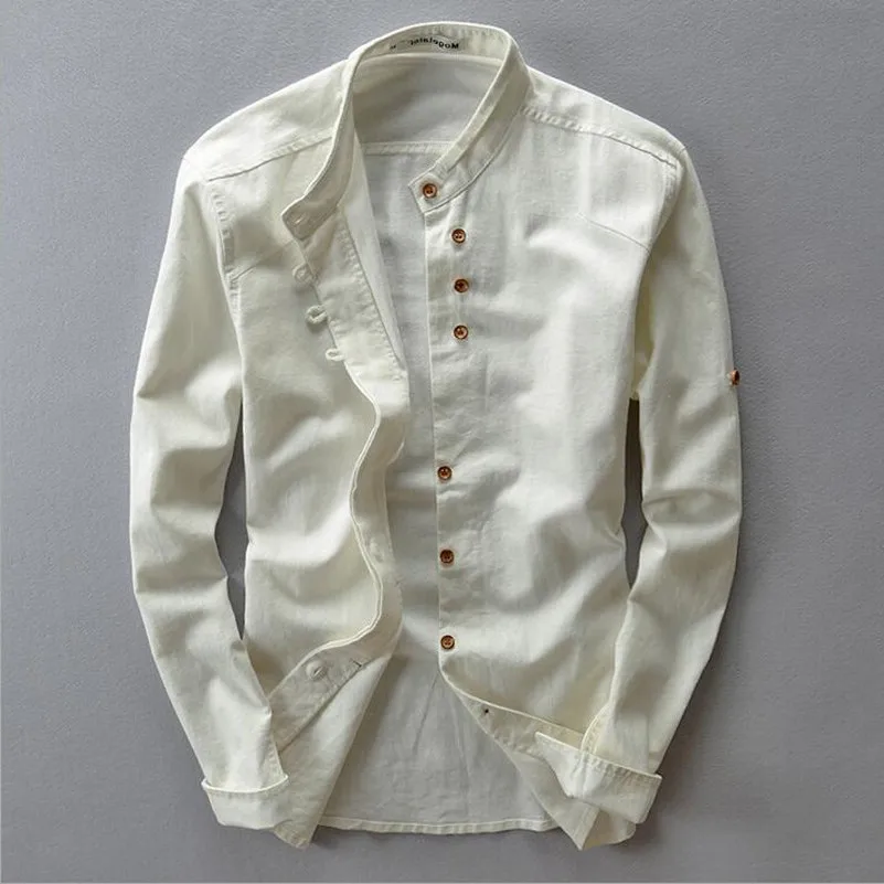 Весенняя рубашка с воротником-стойкой и длинными рукавами из хлопка льна цвет