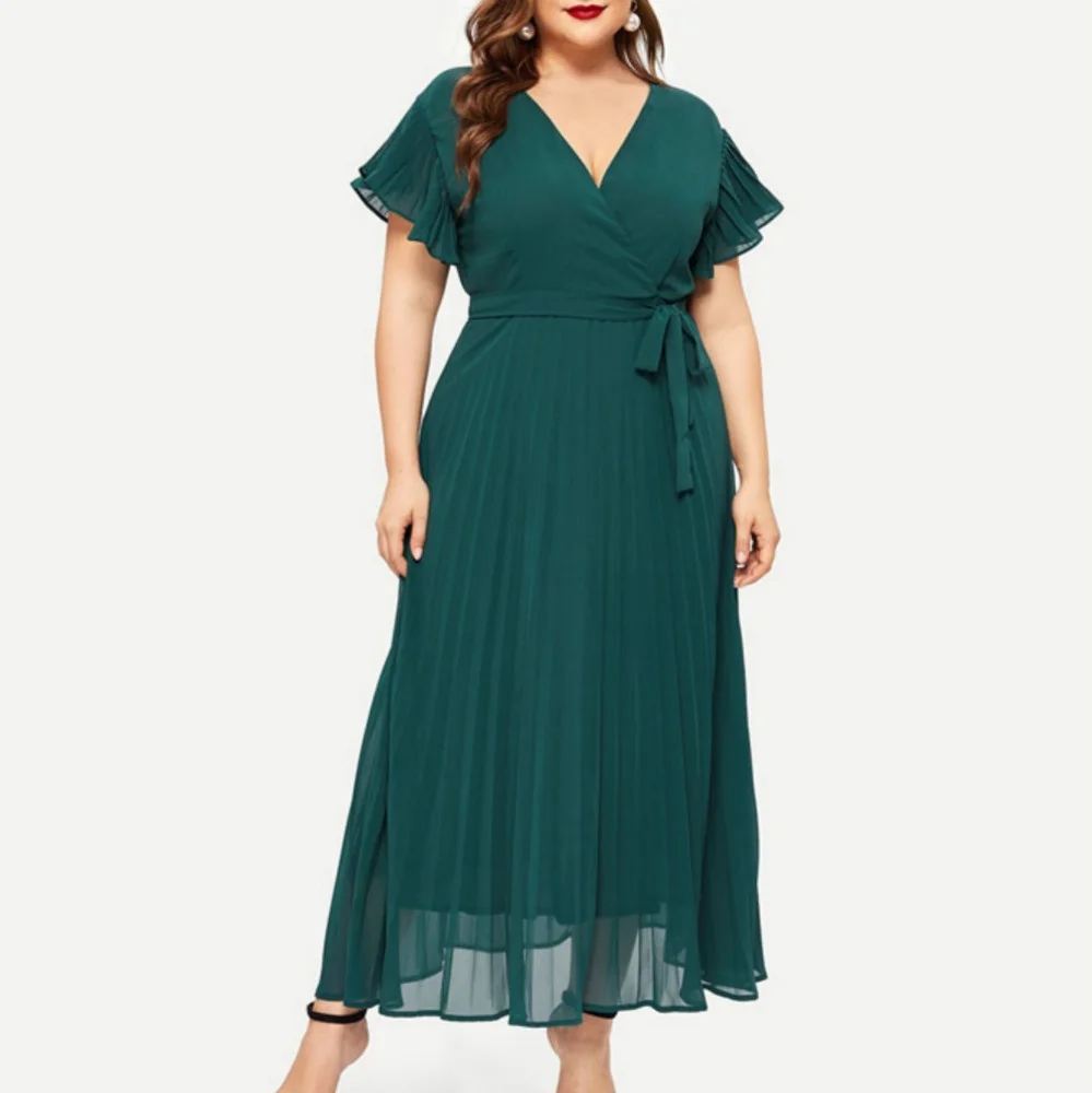 Женское плиссированное платье большого размера с v-образным вырезом и поясом