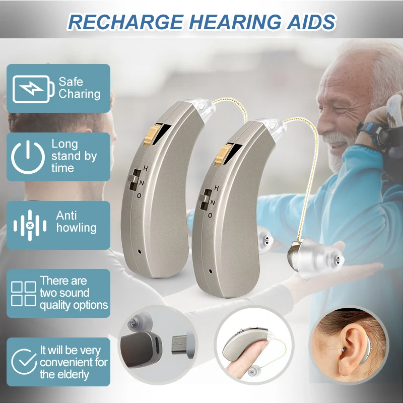 

Hearing Aids Rechargeable Mini Portable BTE Sound Amplifiers Wireless Adjustable Audifonos for Elderly Severe Loss Drop Shipping