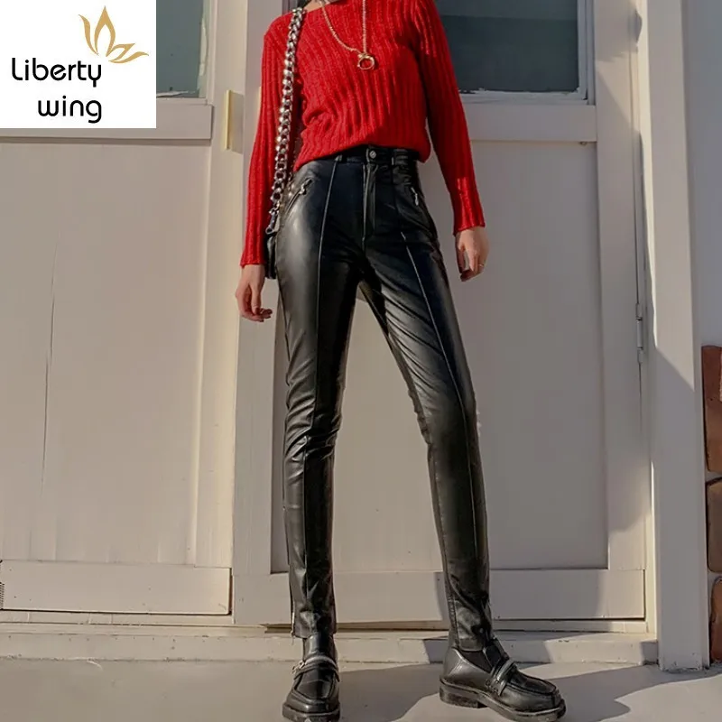 Роскошные женские брюки-карандаш из воловьей кожи с высокой талией повседневные