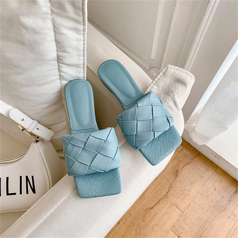 

Women's shoes slippers 2021 summer new style BV woven outer wear fashionable square toe flat sandals and slippers