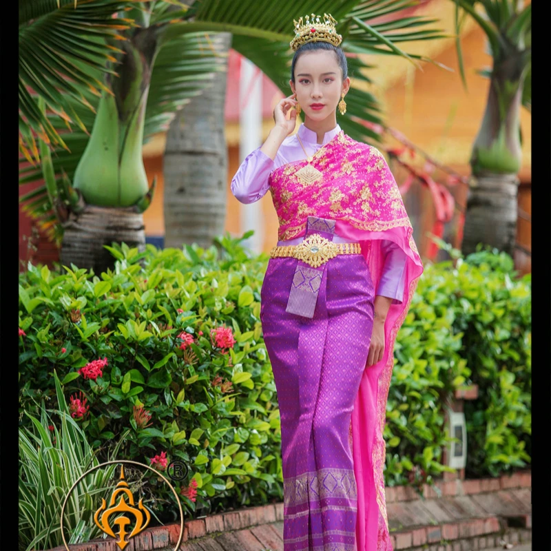 Thai Dress Stand Collar Long Sleeve Tops Purple Restaurant Welcome Annual Meeting Clothes Thailand Traditional Clothing