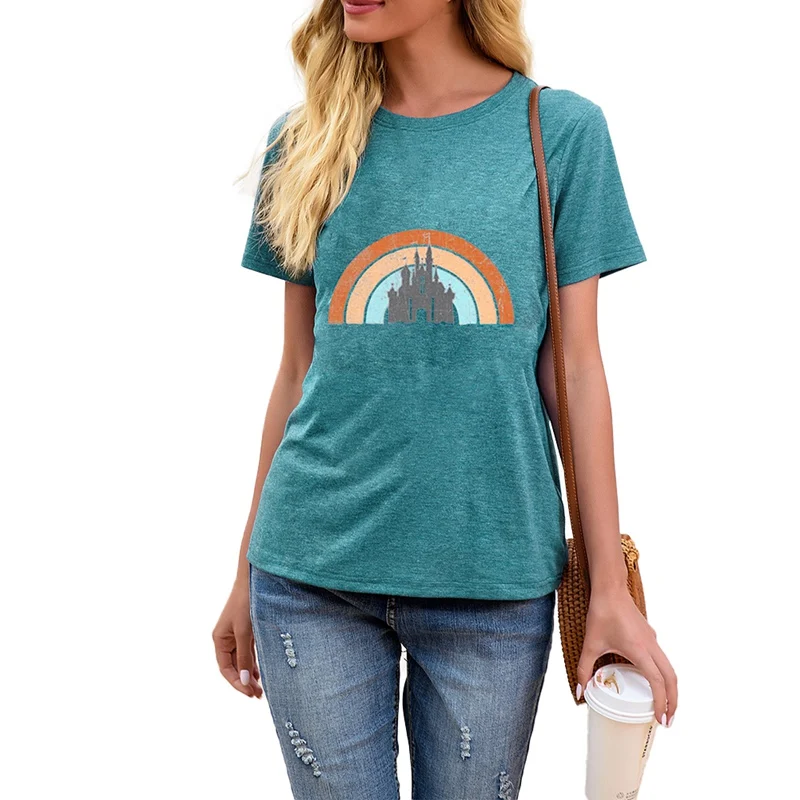 

2021 Summer New Style T-Shirt For Women Castle Print Solid Lady Short Sleeve Tops In Rainbow Slim Fit Loose Lap