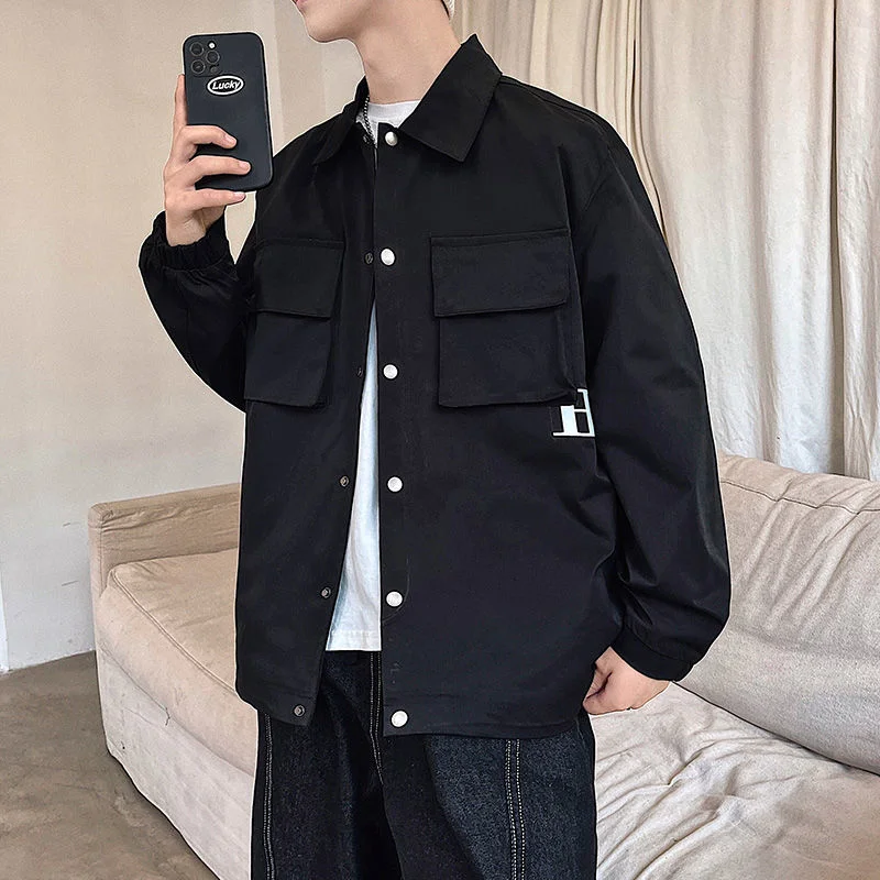 

Мужская повседневная куртка, черная однотонная куртка с большими карманами в Корейском стиле, одежда для осени, 2021