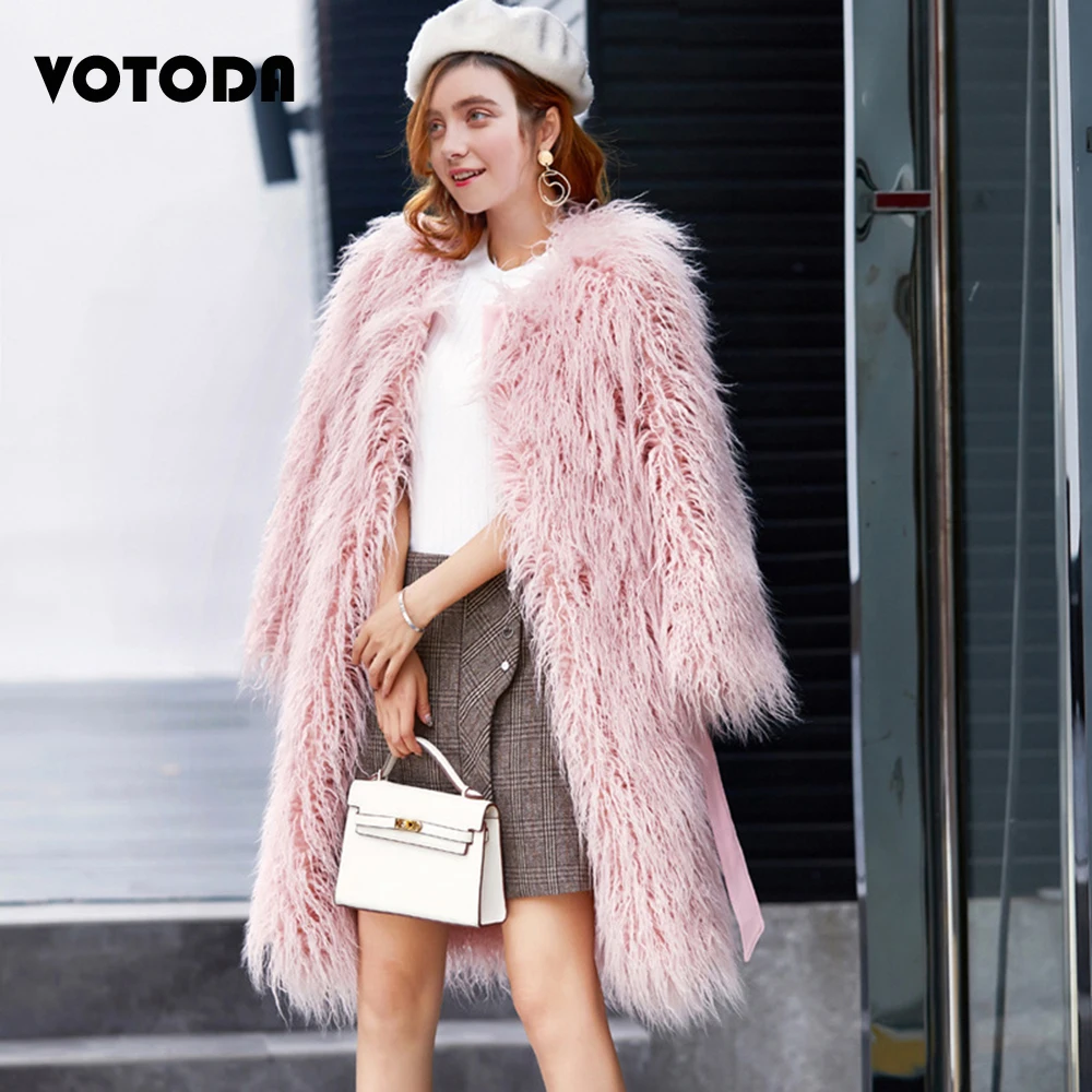 Women Long Mongolian Wool Fur Coat Pink Elegant Faux Fur Coat Fluffy Furry Warm Outerwear Ladies Thick Jacket Lambswool Overcoat