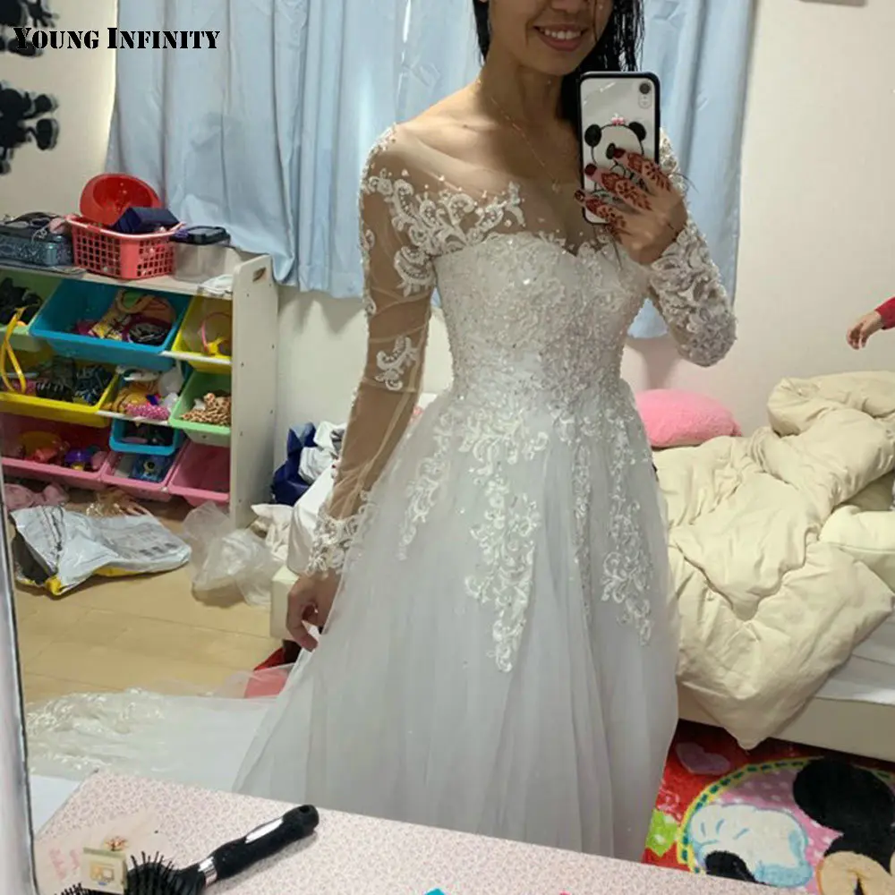 

Sexy Ball Gown Wedding Dresses for Women Plus Size Bead Lace Wedding Gowns 2020 Long Sleeves Bride Dresses New tulle bridal gown