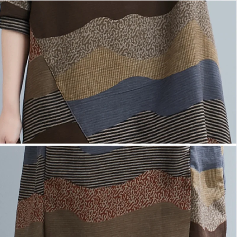 

Autumn Winter Women Plus Size Long Dress O Neck Contrast Color Printed Loose Oversized Gown Vintage Cotton Linen Elegant Dress
