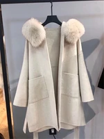 autumn winter loose double sided wool coat real fox fur collar casual hood cardigan women