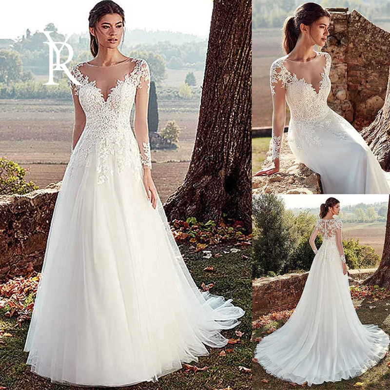 

YILIBERE Lace Wedding Dress Short Sleeve O-Neck Plus Size Luxury Lace Appliques Tulle Cathedral Train Robe Fluffy skirt