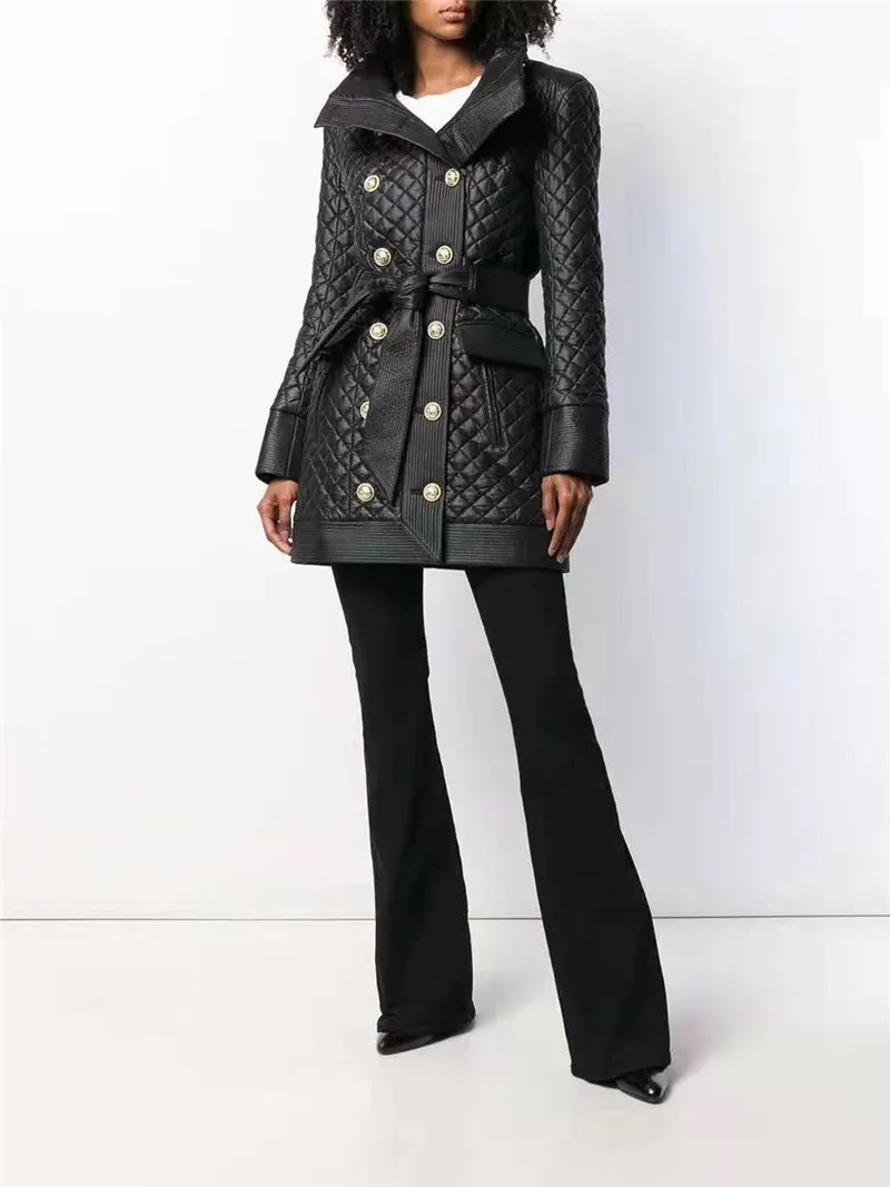 Brand Design Women Genuine Leather Jacket Coat Spring Classical Plaid Double Breasted Real Leather Jacket Belt