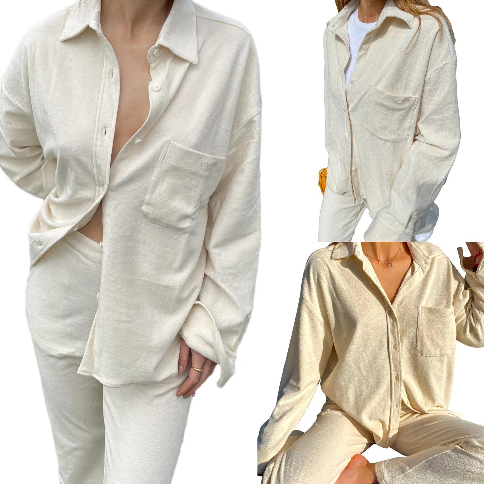 

Женский пижамный комплект из двух предметов, однотонный бежевый топ с длинным рукавом и пуговицами и брюки спереди