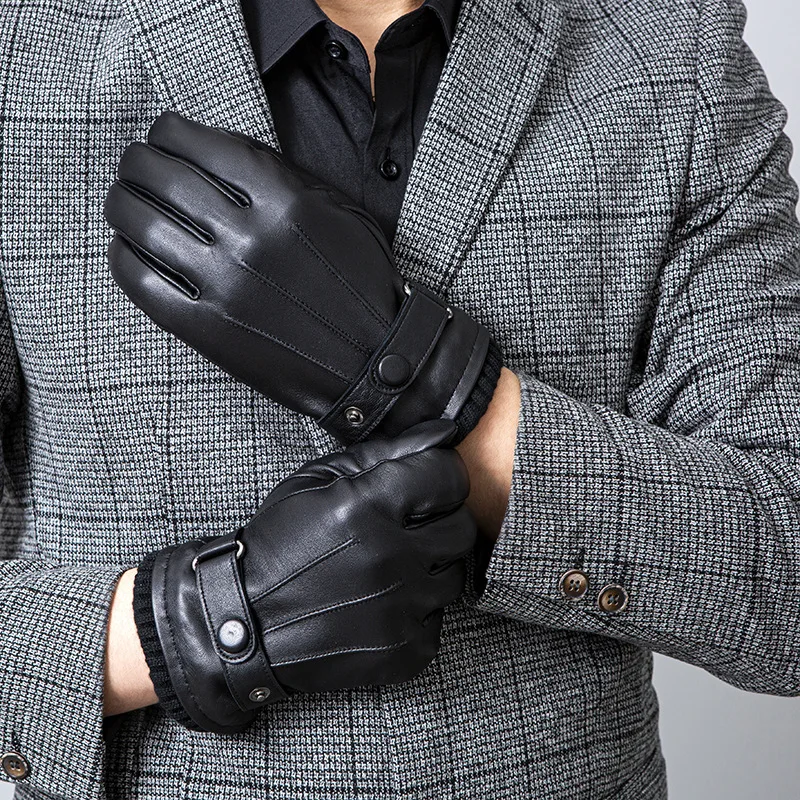 Fashion Men's Gloves Classic Sheepskin Genuine Leather Gloves Full Finger Autumn Winter Warm Gloves With Woolen Lining NR260