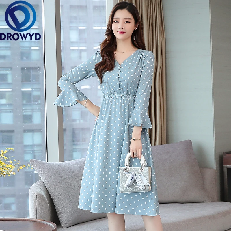 Шифоновое платье миди в горошек для женщин повседневное тонкое синее модное