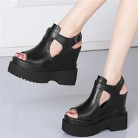 2021 women back strap genuine leather high heel roman gladiator sandals female peep toe chunky platform pumps shoes casual shoes