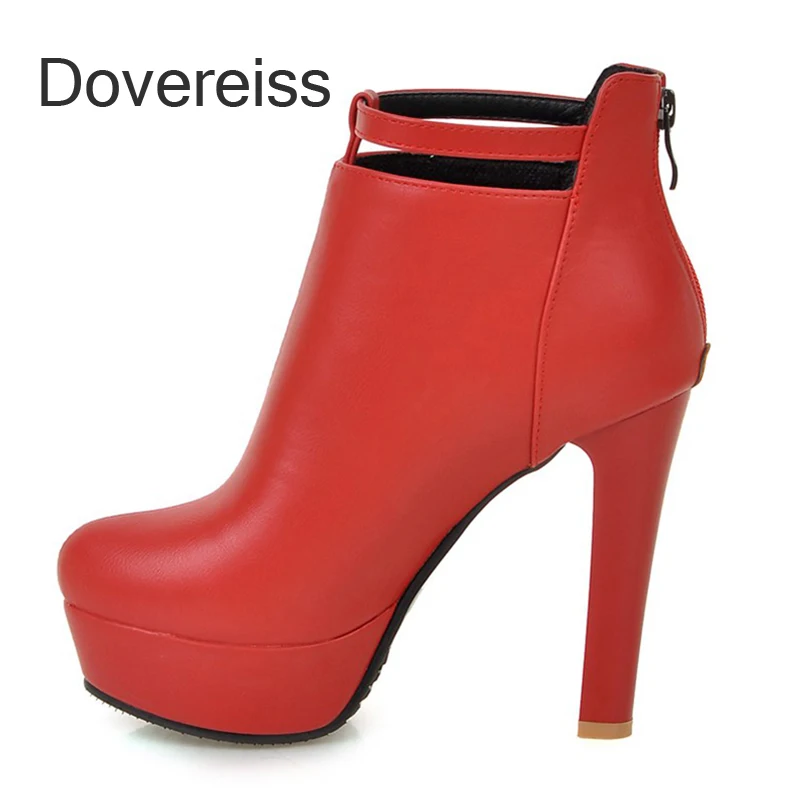 

Dovereiss Winter Women Fashion Chunky Heels New Red White Ankle Boots Goth Waterproof Block Heels Short Boots Big Size 43 44 45