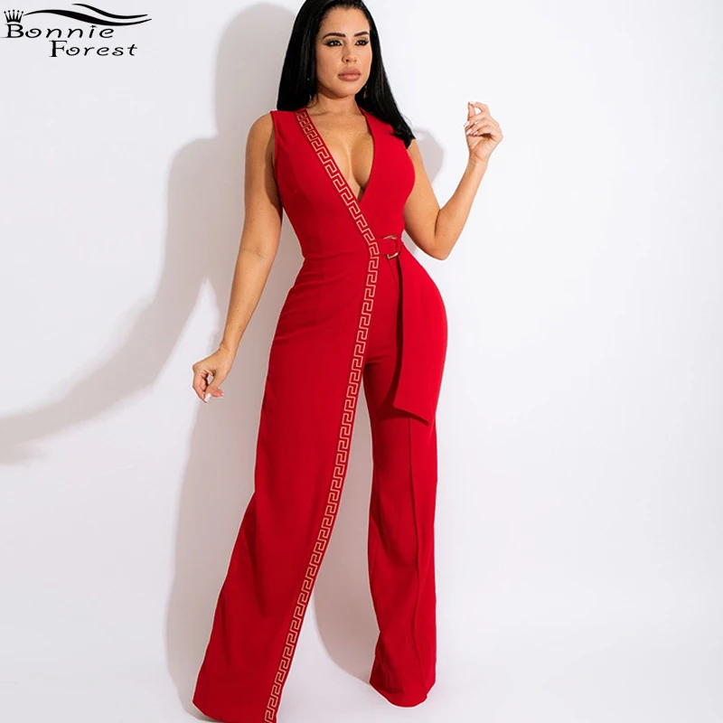 

Bonnie Forest Womens Sleeveless Printed Wrap Matching Jumpsuits Wide Leg Belted Rompers Workout Overalls One Piece Sexy Clubwear