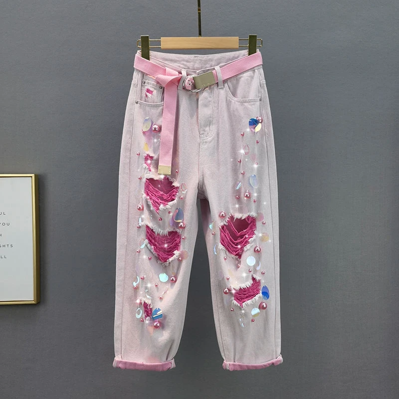 

Женские джинсы, Новинка лета 2021, свободные укороченные мешковатые брюки с высокой талией и бусинами для похудения