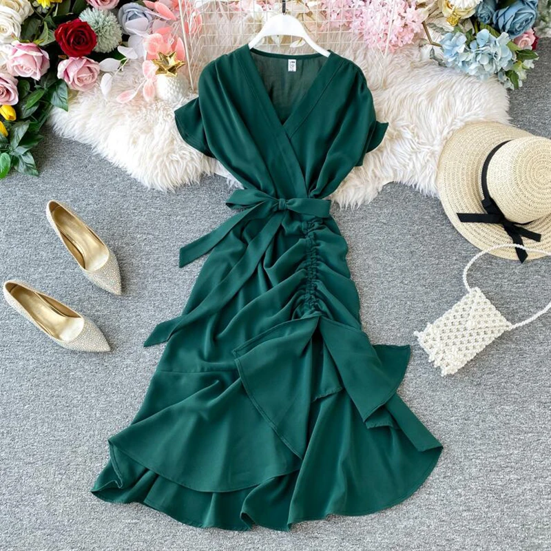 

Slim 2020 Vintage Solid color V Neck Bandage Dress Summer irregular Folds Midi Long Party Women high waist Vestido elegant dress