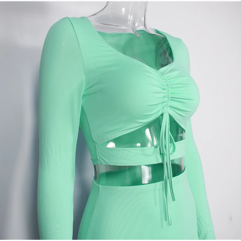 

NewAsia Sexy Two Piece Set Women 2 Piece Outfits Autumn Long Sleeve Hollow Out Crop Top Skirt Plus Size Bodycon Matching Sets