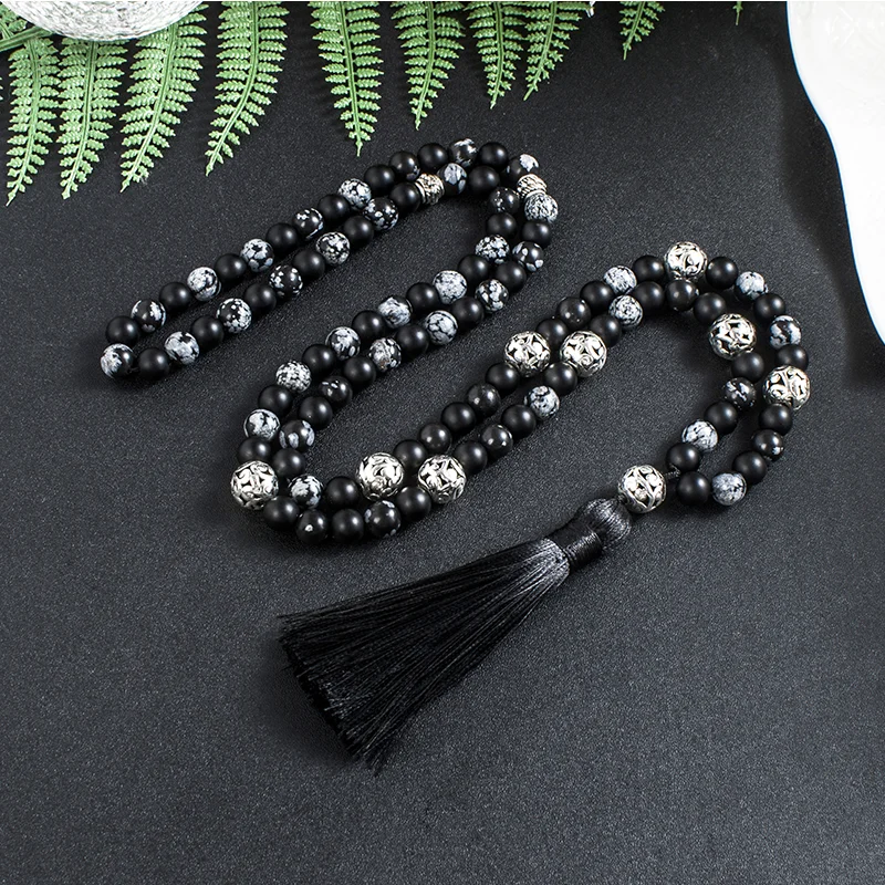 

8mm Snowflake Obsidian Frosted Black Agate Beaded Japamala Necklace Meditation Yoga Jewelry Alloy Hollow Ball 108 Mala Rosary