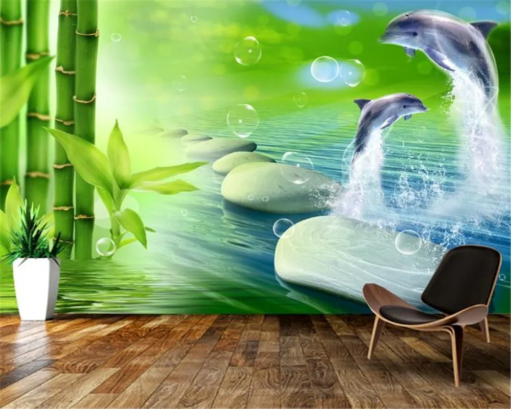 3d обои с бамбуковыми дельфинами и галькой свежий пейзаж украшение для гостиной