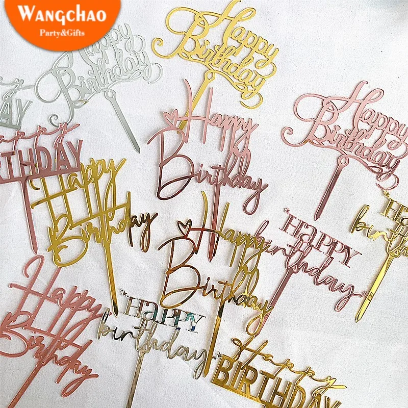 

New Arrivals Rose Gold Acrylic Happy Birthday Cake Topper Kids Favors Children Gifts Cake Decoration Decorating Party Supplies