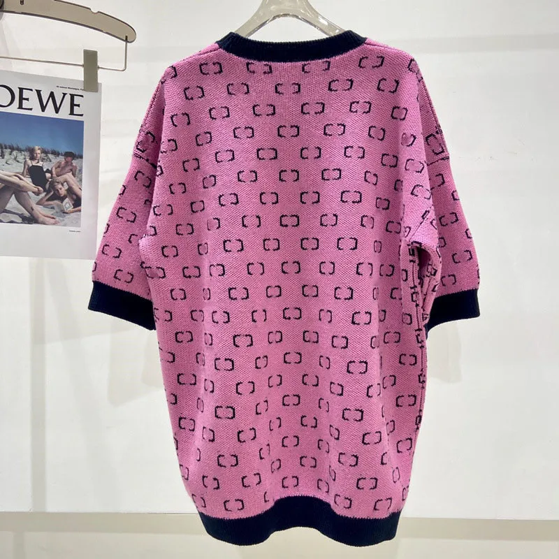 

Luxury Brand Women Sweaters 2021 Pink Knitted Pullovers Women Summer Short Sleeve Tees Jacquard Pink Sweater Female Y2K