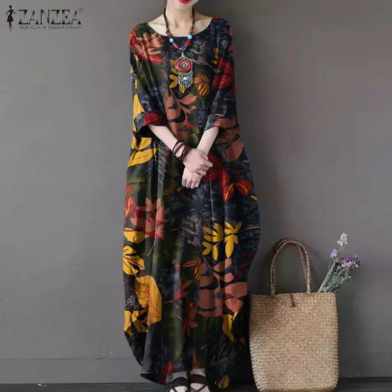ZANZEA Women Vintage Floral Printed Dress Autumn 3/4 Sleeve Cotton Linen Sundress Kaftan Femme Loose Baggy Maxi Long Vestidos | Женская