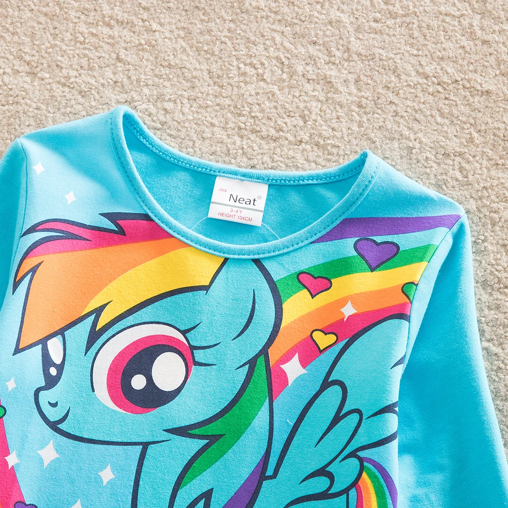 JUXINSU My Baby Girls Little Pony Cartoon Girl Rainbow Long Sleeve Dresses Pony Casual Dress Autumn Winter Home Wear 1-8 Years