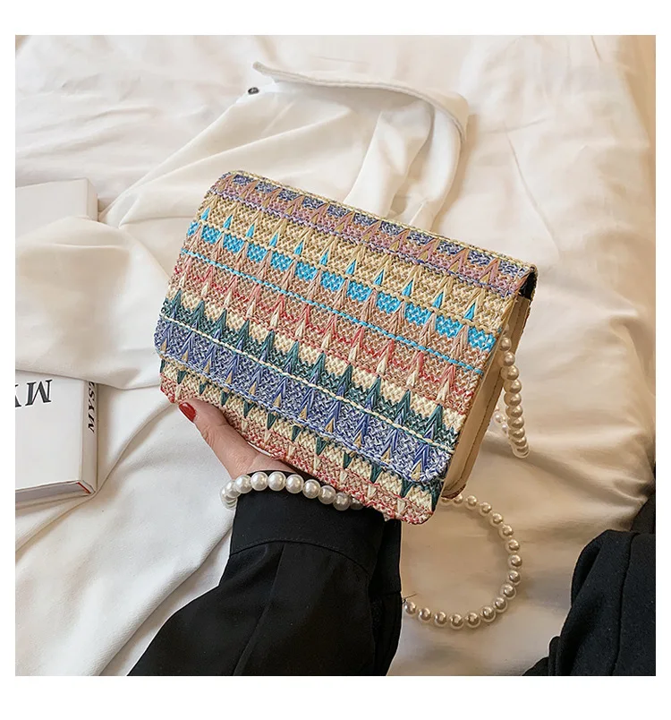 

Women's Shoulder/Crossbody Bag Rainbow Color Stripe Square Pearl Chain Woven Wholesale Ethnic Style 2021 New Fashion Female Bags