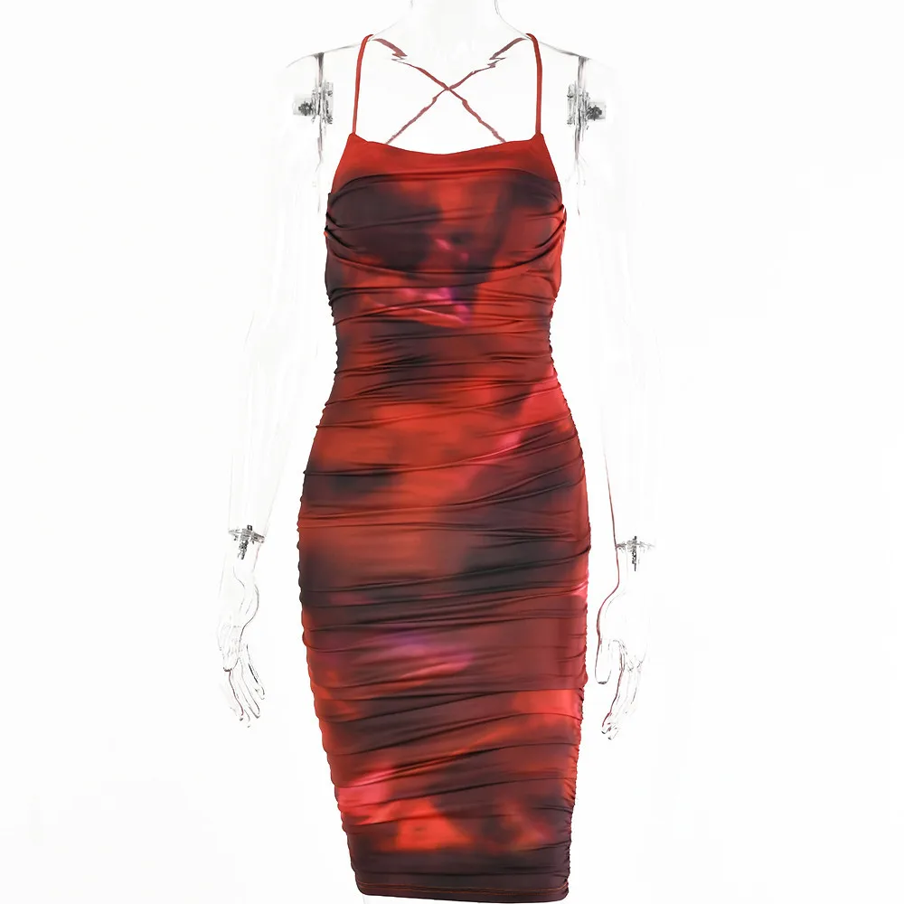 

WEPBEL Women's Elegant Strapless Spaghetti Strap Slim High Waist Dress Spring and Summer Sexy Tie-Dye Printed Dress